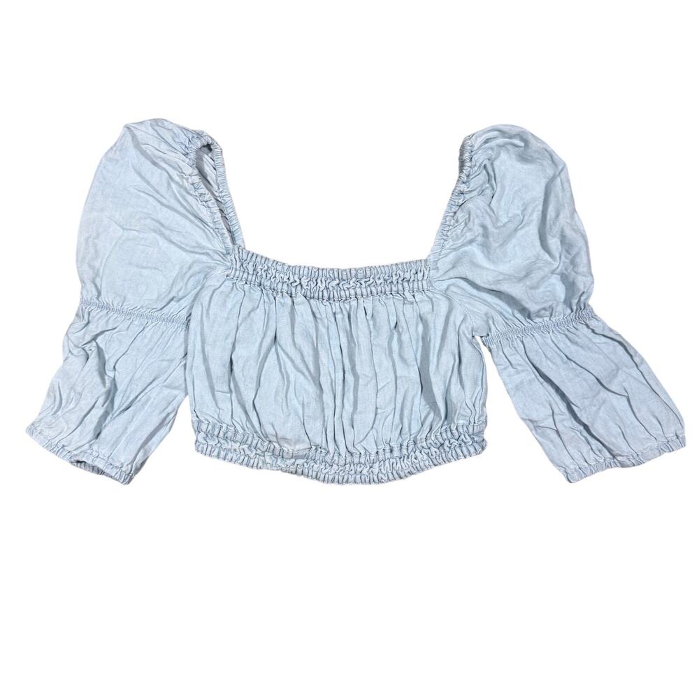 Zara Chambray Crop Top Puff Sleeve Shirt Denim Open Back Size Small Cottage